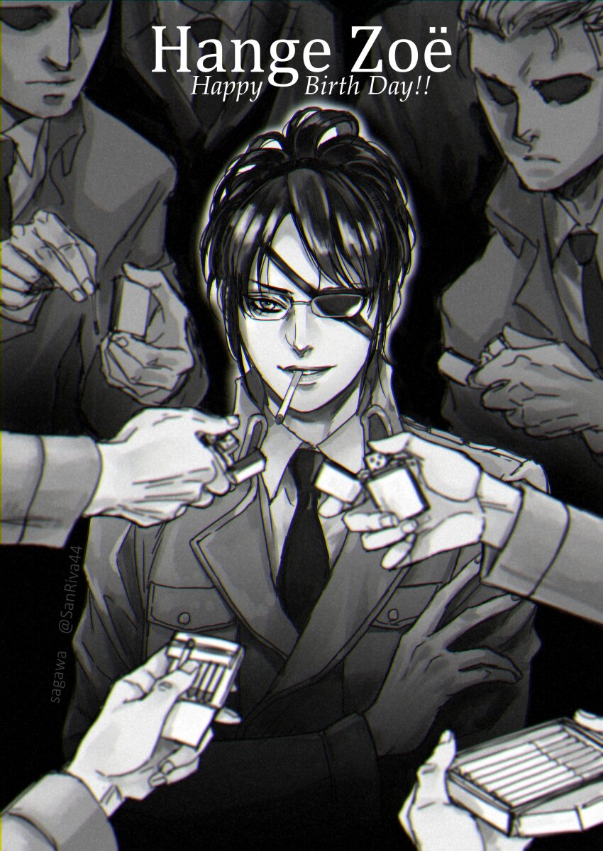 1other, absurdres, black_necktie, character_name, cigarette, collared_shirt, eyepatch, glasses, greyscale, hange_zoe, happy_birthday, highres, holding, holding_lighter, holding_matchbox, jacket, light_smile, lighter, matchbook, medium_hair, military_jacket, military_uniform, monochrome, mskei, multiple_boys, necktie, parted_lips, ponytail, porco_galliard, shingeki_no_kyojin, shirt, smoking, unlit_cigarette_in_mouth, upper_body, white_shirt