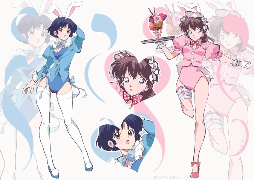 2boys, animal_ear_hairband, animal_ears, arm_behind_head, blue_bow, blue_bowtie, blue_eyes, blue_hair