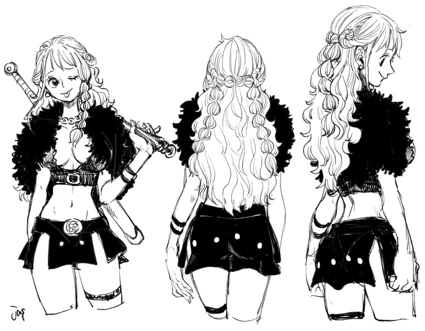 1girl, 2025, back, belt, belt_buckle, bracelet, braid, braided_sidelocks, breasts, buckle, capelet, cleavage, clima-tact, closed_mouth, commentary_request, cowboy_shot, crop_top, earrings, from_behind, fur-trimmed_capelet, fur_trim, highres, jas_(jasjasjasart), jewelry, large_breasts, loincloth, long_hair, looking_at_viewer, looking_to_the_side, midriff, miniskirt, multiple_views, nami_(one_piece), nami_(one_piece)_(elbaf), navel, necklace, official_alternate_costume, official_alternate_hairstyle, one_eye_closed, one_piece, pearl_earrings, sidelocks, signature, simple_background, single_sidelock, skirt, smile, straight-on, sword, sword_on_back, thigh_strap, tongue, tongue_out, wavy_hair, weapon, weapon_on_back, white_background
