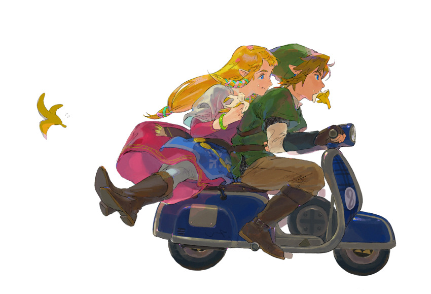 1boy, 1girl, arm_around_another's_waist, armor, banana, banana_in_mouth, banana_peel, blonde_hair, blue_eyes, boots, brown_boots, brown_gloves, brown_pants, chainmail, crossed_ankles, dress, driving, eating, floating_hair, flying_sweatdrops, food, food_on_face, fruit, gloves, hair_ribbon, link, lip_(lih8), long_hair, mario_(series), mario_kart, nintendo, on_scooter, pants, pink_dress, pointy_ears, princess_zelda, profile, ribbon, riding, short_hair, sidelocks, sidesaddle, sitting, the_legend_of_zelda, the_legend_of_zelda:_skyward_sword, tunic, white_background