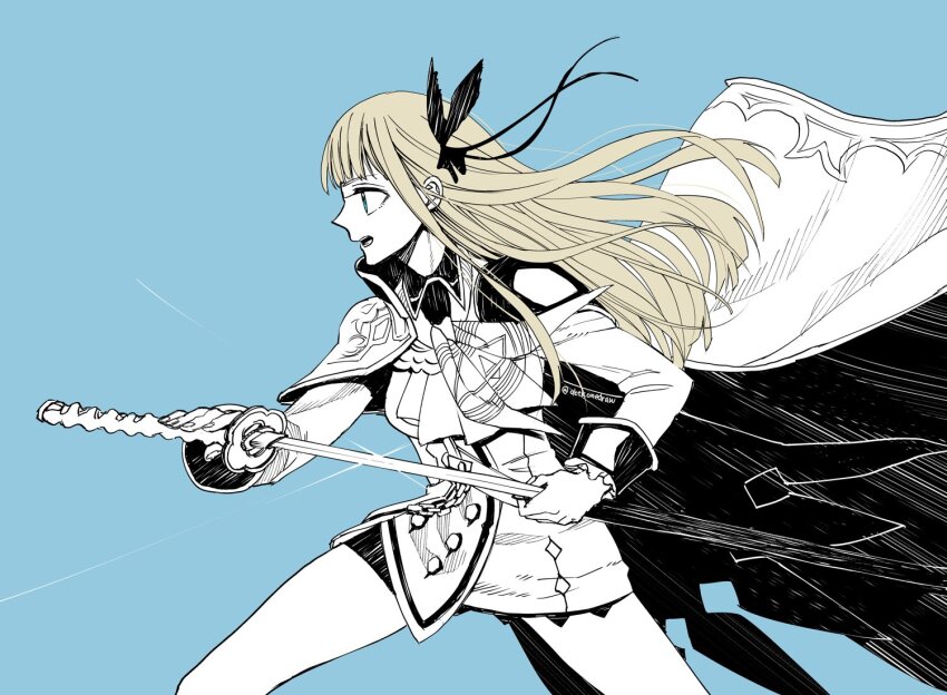 1girl, akitaka_(s_asai), another_eden, armor, ascot, asymmetrical_armor, blonde_hair, blue_background