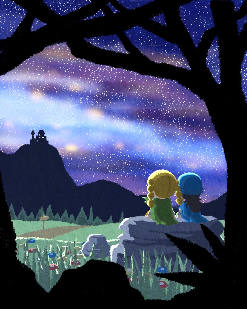 1boy, 1girl, aged_down, bare_tree, bianca_(dq5), black_hair, blonde_hair, blue_cape