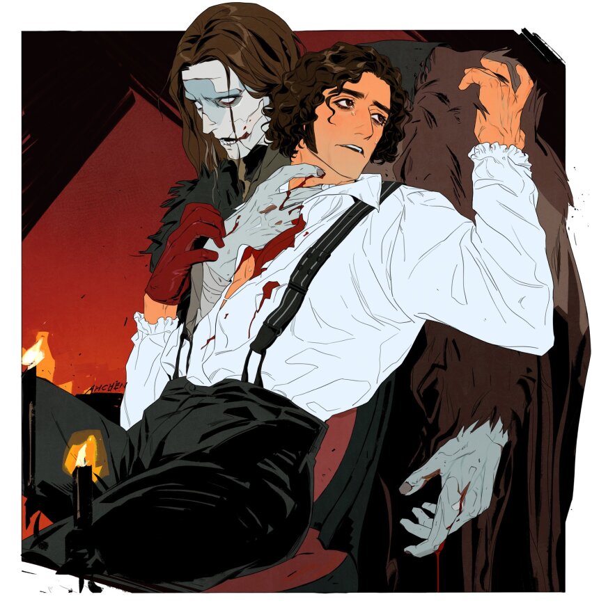 2boys, black_pants, blood, blood_on_chest, blood_on_hands, blood_on_mouth, border, brown_eyes, brown_hair, candle, chair, coat, collared_shirt, colored_skin, cowboy_shot, curly_hair, frankenstein, frankenstein's_monster, fur_coat, gloves, grey_skin, highres, jasonev11778442, long_hair, looking_at_another, male_focus, multiple_boys, on_chair, open_mouth, pants, red_background, red_gloves, shirt, short_hair, sideburns, single_glove, sitting, suspenders, veins, veiny_hands, victor_frankenstein, white_border, white_eyes, white_shirt, yaoi