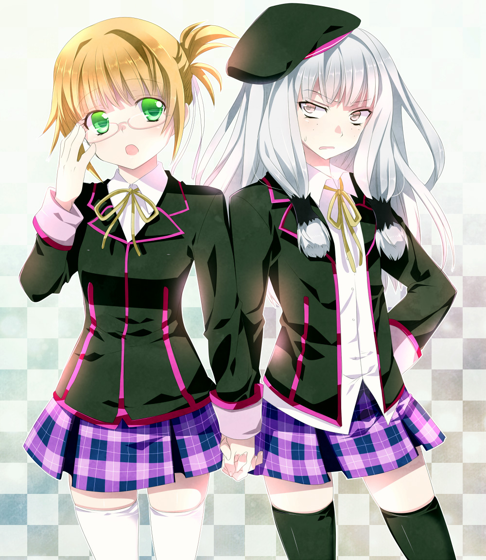 2girls, agria_(tales), alternate_costume, alternate_hairstyle, bad_id, bad_pixiv_id, beret, bespectacled