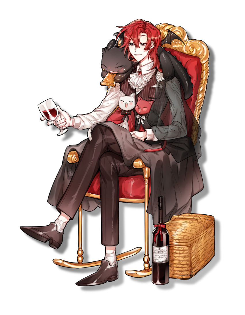 1boy, alcohol, animal, animal_on_shoulder, armchair, ascot, basket, black_cape