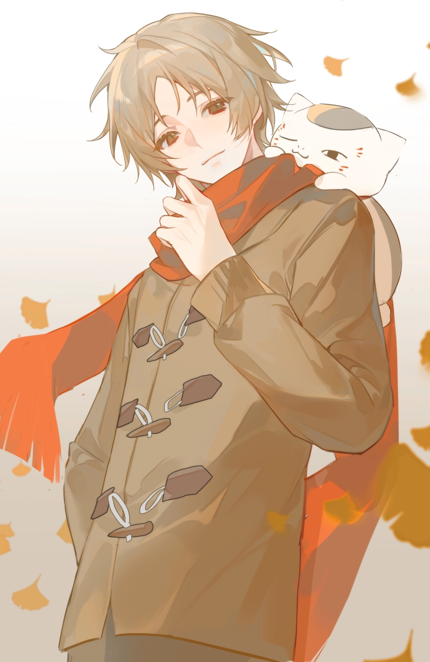 1boy, absurdres, animal, animal_on_shoulder, belt, brown_hair, brown_jacket, cat