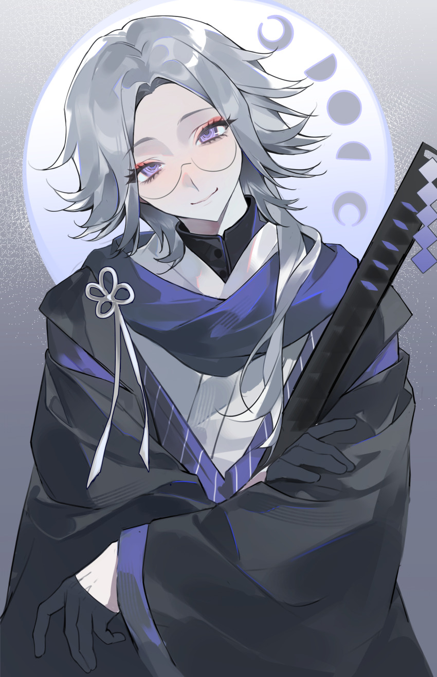 1boy, absurdres, alternate_hair_length, alternate_hairstyle, aotsuki_eito, black_gloves, black_haori, black_scarf, chinese_commentary, chunjinran000, closed_mouth, commentary_request, eyelashes, glasses, gloves, grey_hair, half_gloves, haori, head_tilt, highres, holding, holding_sword, holding_weapon, japanese_clothes, kimono, long_hair, long_sleeves, looking_at_viewer, male_focus, moon_phases, purple_eyes, round_eyewear, scarf, smile, solo, sword, the_hundred_line_-last_defense_academy-, upper_body, weapon, white_kimono, wide_sleeves