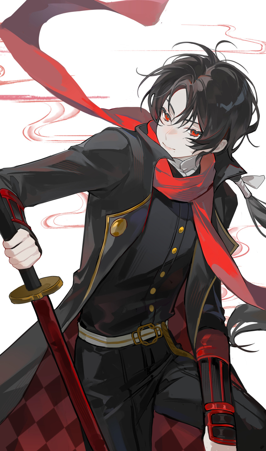 1boy, absurdres, belt, belt_buckle, black_coat, black_hair, black_jacket, black_pants