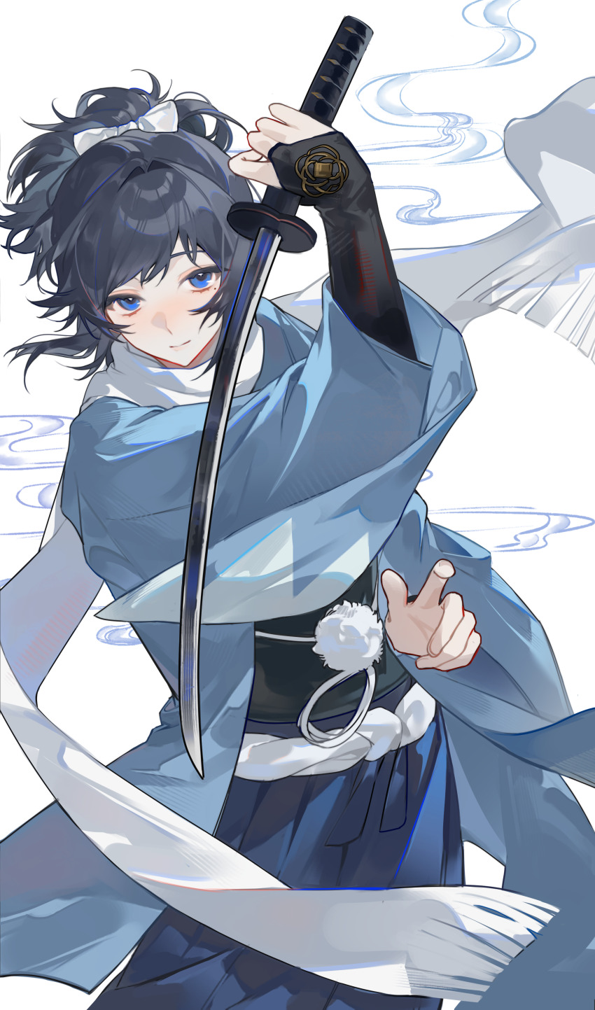 1boy, absurdres, androgynous, black_gloves, black_hair, black_hakama, blue_eyes, blue_haori