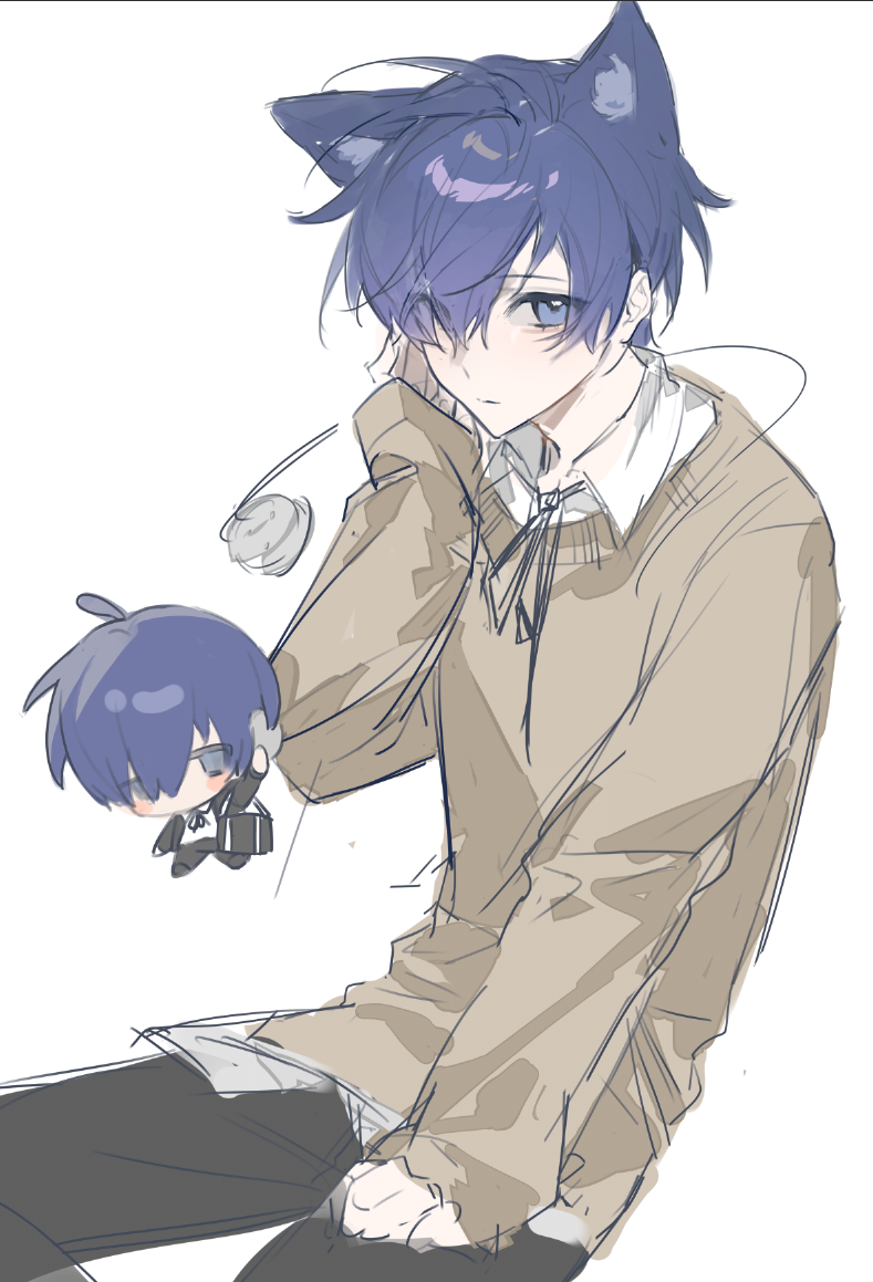 1boy, animal_ear_fluff, animal_ears, bag, black_bag, black_pants, black_ribbon, blue_eyes