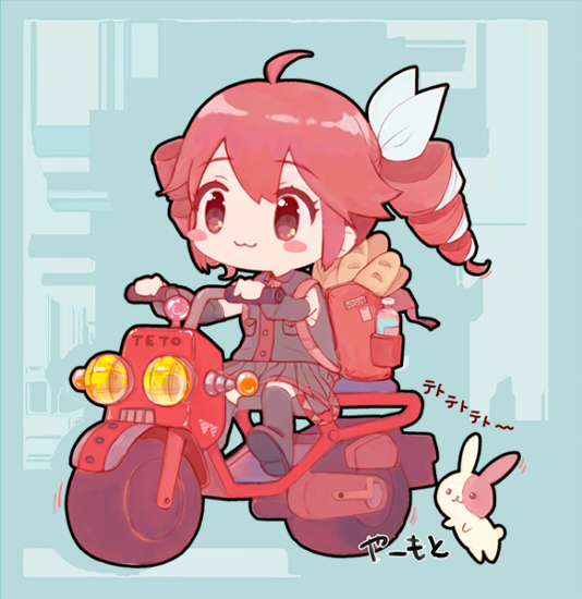 :3, ahoge, backpack, bag, baguette, black_outline, blush_stickers, bread