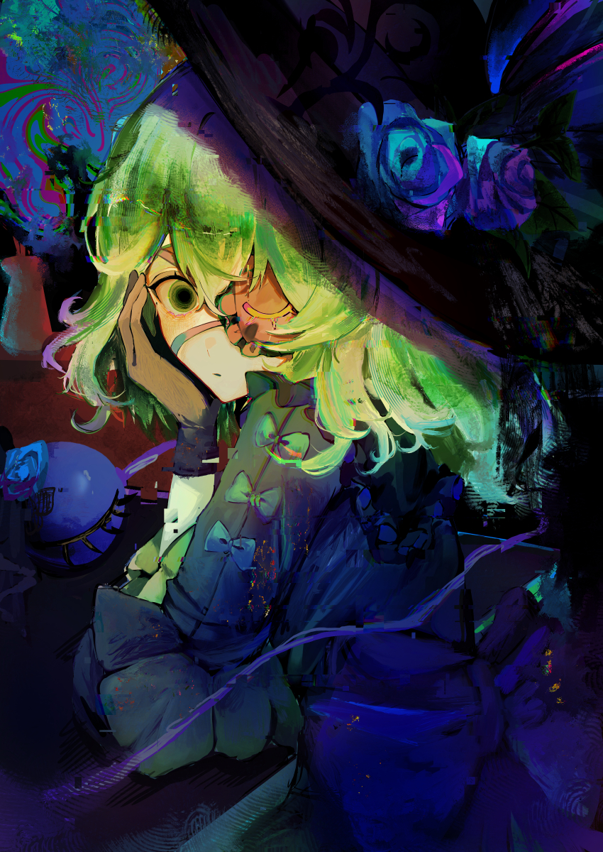 1girl, absurdres, black_gloves, black_hat, blue_flower, closed_mouth, eyepatch, flower