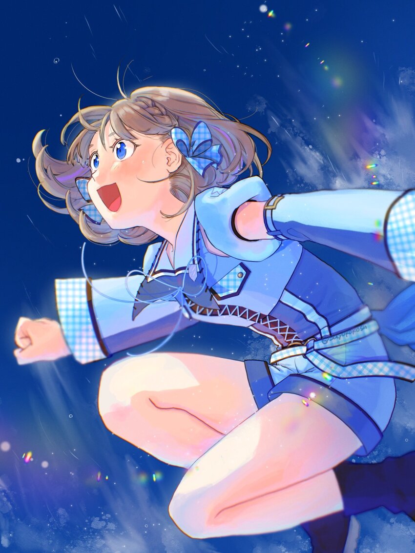 1girl, :d, blue_background, blue_boots, blue_eyes, blue_shirt, blue_shorts, boots, bow, braid, brown_hair, commentary_request, detached_sleeves, full_body, hair_bow, highres, long_sleeves, love_live!, love_live!_superstar!!, official_alternate_costume, open_mouth, open_the_gate!!!_(love_live!), puffy_short_sleeves, puffy_sleeves, sailor_collar, sayokokoshi, shirt, short_hair, short_sleeves, shorts, side_braid, smile, solo, tang_keke, white_sailor_collar