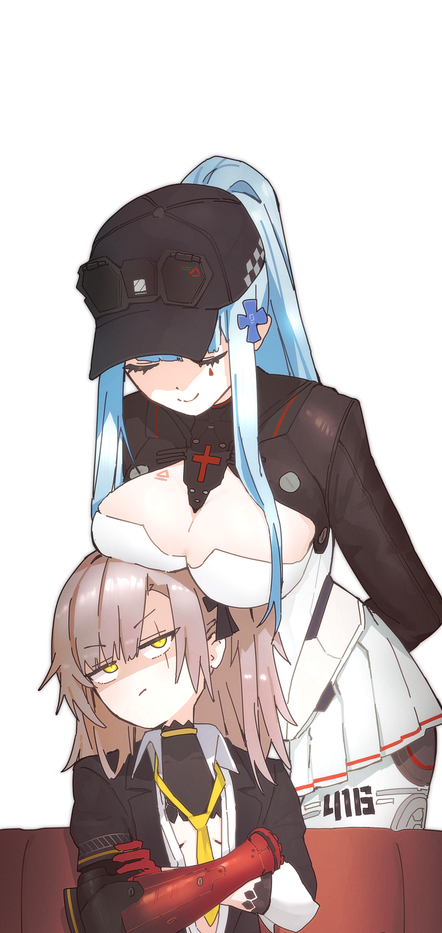 2girls, annoyed, arms_behind_back, baseball_cap, black_hat, black_jacket, blue_hair, breast_rest, breasts, breasts_on_head, cleavage, closed_eyes, crossed_arms, facial_mark, girls'_frontline, girls'_frontline_2:_exilium, grey_hair, hair_ornament, hat, highres, hk416_(girls'_frontline), jacket, klukai_(girls'_frontline_2), klukai_(speed_star)_(girls'_frontline_2), large_breasts, leva_(girls'_frontline_2), long_hair, mechanical_arms, multiple_girls, necktie, one_side_up, ponytail, rishe_(reeeeshe), scar, scar_across_eye, scar_on_face, shirt, single_mechanical_arm, smile, smug, tattoo, teardrop_facial_mark, transparent_background, ump45_(girls'_frontline), unamused, white_shirt, yellow_eyes, yellow_necktie