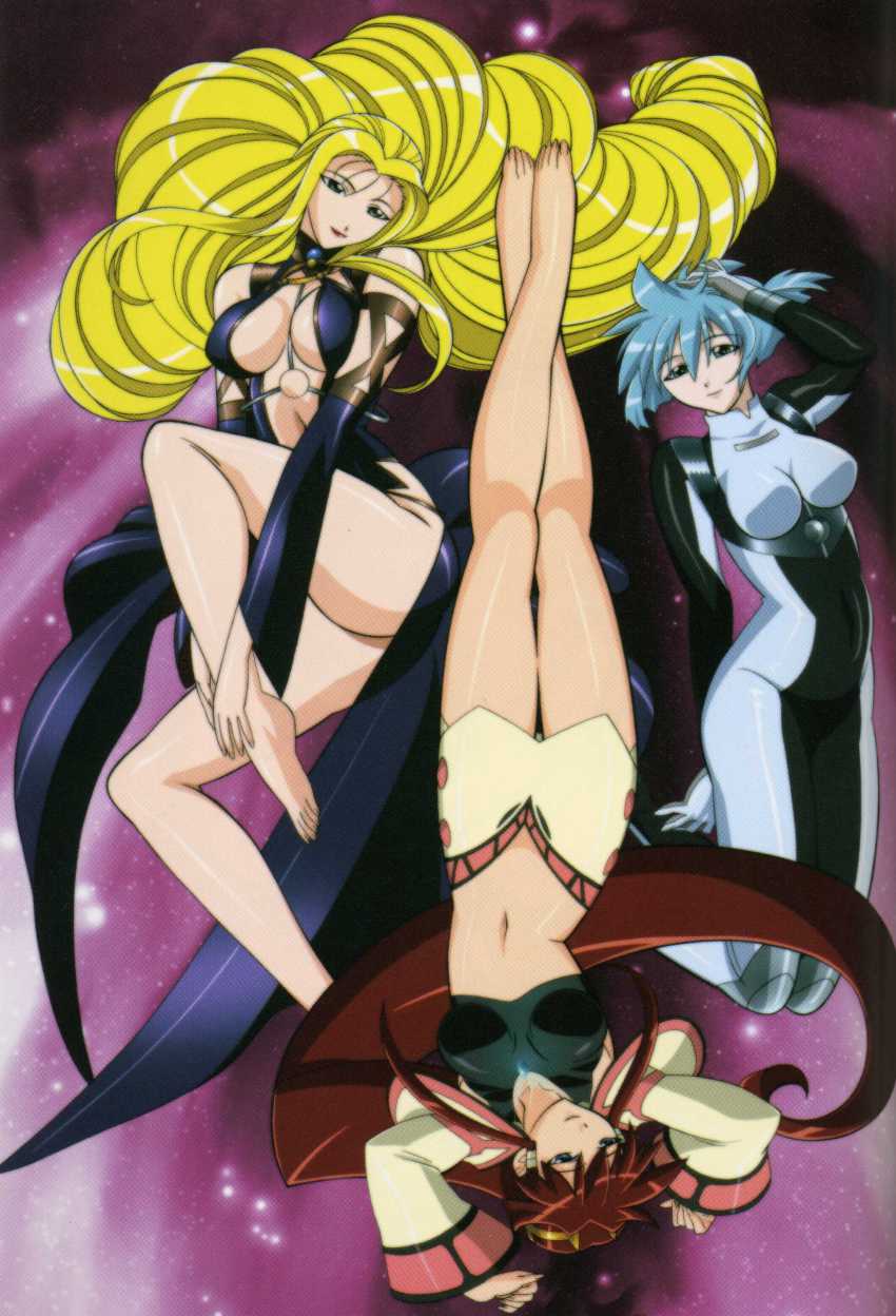 00s, 3girls, absurdres, bare_shoulders, barefoot, between_breasts, blonde_hair, blue_eyes