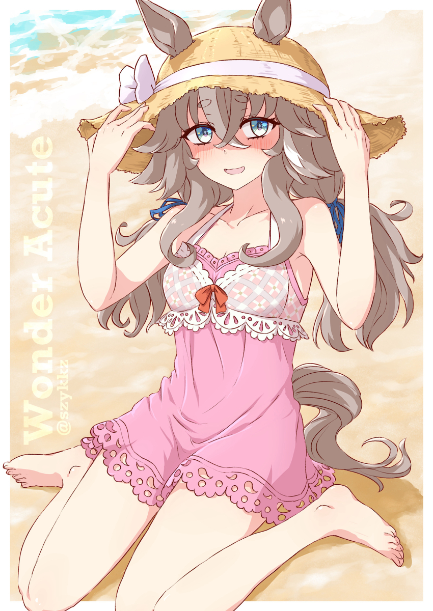 1girl, absurdres, animal_ears, bare_shoulders, beach, blue_eyes, blush, breasts