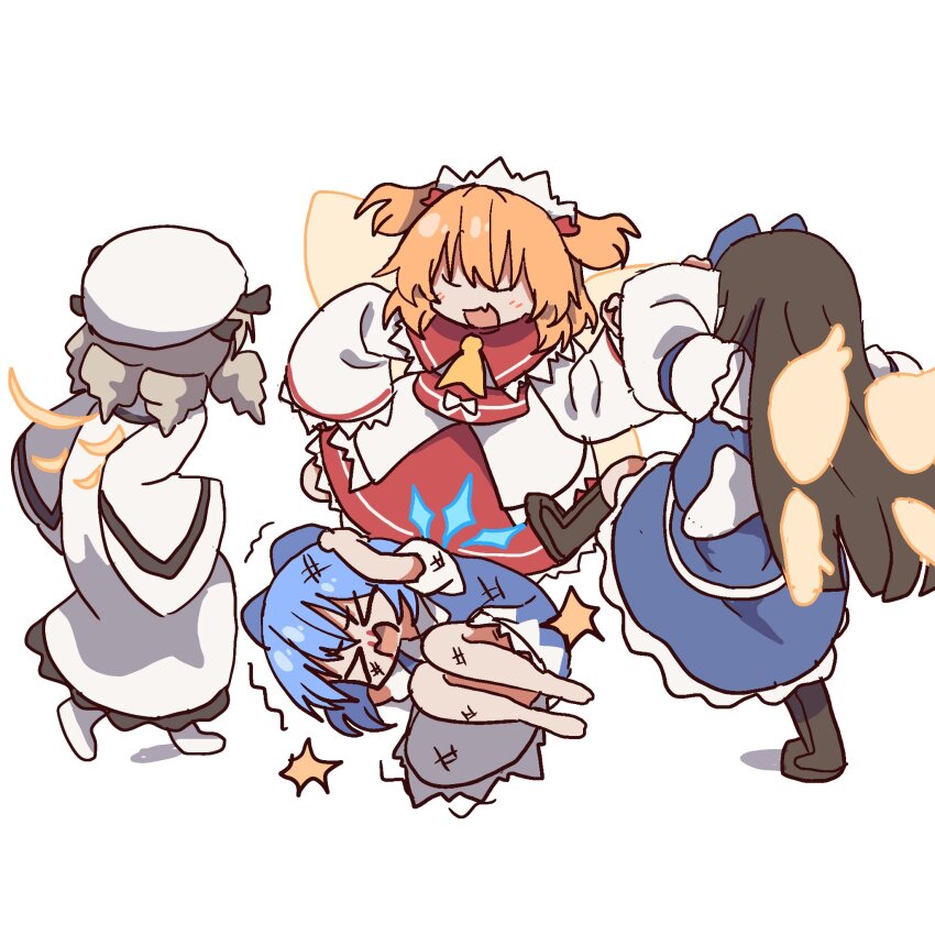 >_<, 4girls, attack, barefoot, black_boots, black_hair, blonde_hair, blue_bow