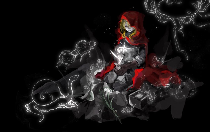 1girl, animal, bird, black_background, brown_gloves, cloak, commentary_request, elden_ring