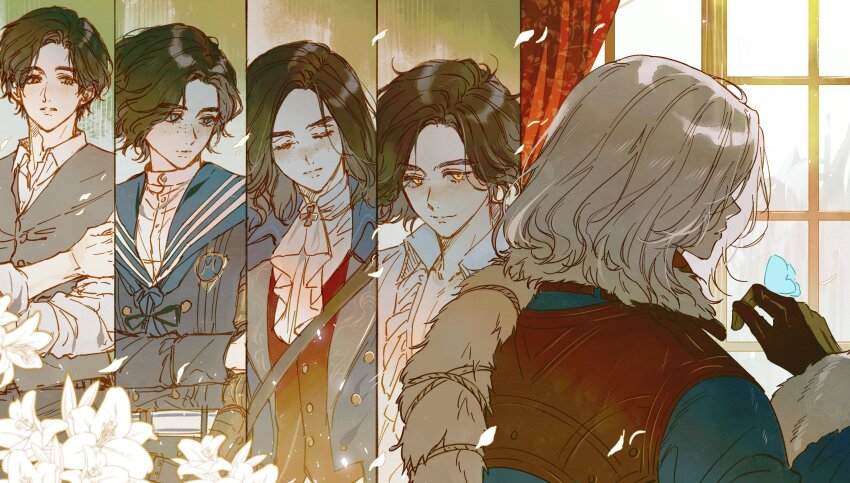 2boys, androgynous, ascot, black_gloves, black_hair, blue_butterfly, blue_coat, blue_eyes, bug, butterfly, butterfly_on_hand, carlo_(lies_of_p), coat, commentary_request, flower, freckles, gloves, grey_hair, guragamja, highres, insect, korean_commentary, lies_of_p, long_hair, male_focus, mechanical_arms, multiple_boys, multiple_views, official_alternate_hair_color, official_alternate_hair_length, official_alternate_hairstyle, pinocchio_(lies_of_p), prosthesis, prosthetic_arm, short_hair, single_mechanical_arm, white_ascot, white_flower, window, yellow_eyes