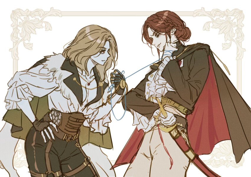 2girls, ascot, bags_under_eyes, black_cape, black_pants, blonde_hair, blue_skin, border