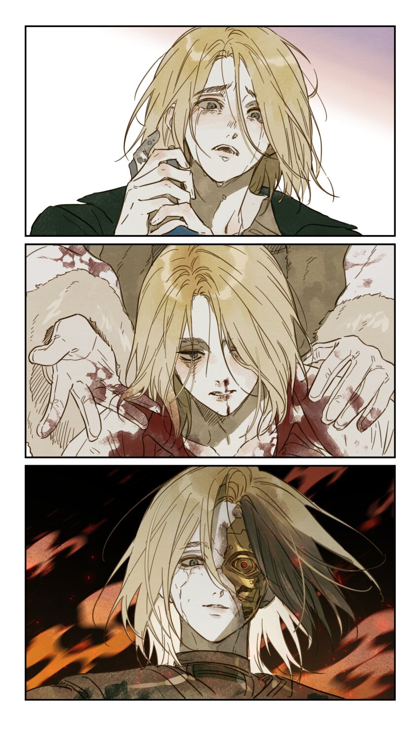 3boys, absurdres, androgynous, arlecchino_the_blood_artist, artificial_eye, bags_under_eyes, blonde_hair, blood