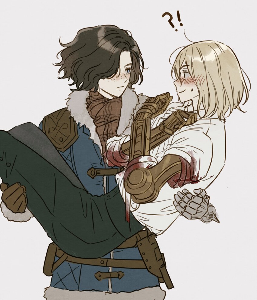 !?, 2boys, androgynous, black_hair, blonde_hair, blood, blood_on_clothes, blue_coat