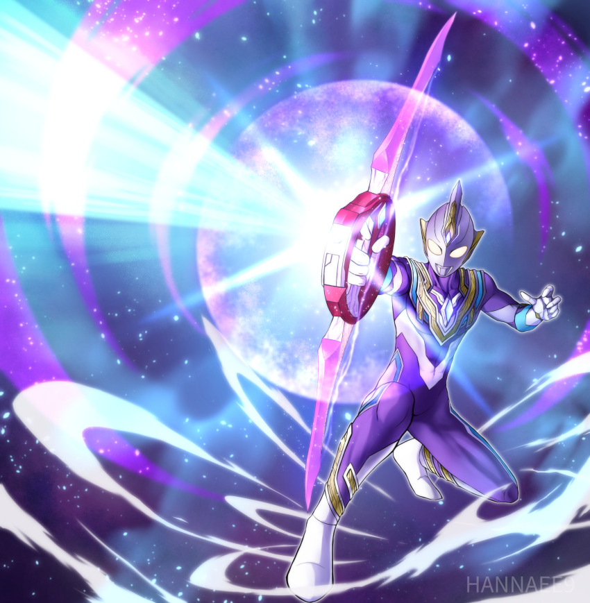 1boy, abs, absurdres, alien, armor, artist_name, blue_skin, bow_(weapon), breastplate, circle_arms, collarbone, color_timer, colored_skin, commentary, compound_eyes, crystal, dorsal_fin, dust_cloud, energy_arrow, firing, forehead_jewel, full_body, glint, glowing, glowing_eyes, gradient_eyes, hand_up, hannaee9, highres, holding, holding_bow_(weapon), holding_weapon, light_particles, looking_ahead, male_focus, multicolored_eyes, multicolored_skin, no_pupils, on_one_knee, pectorals, purple_skin, silver_skin, solo, tokusatsu, toned, toned_male, ultra_series, ultraman_trigger, ultraman_trigger_(series), ultraman_trigger_(sky_type), weapon, white_eyes, yellow_eyes