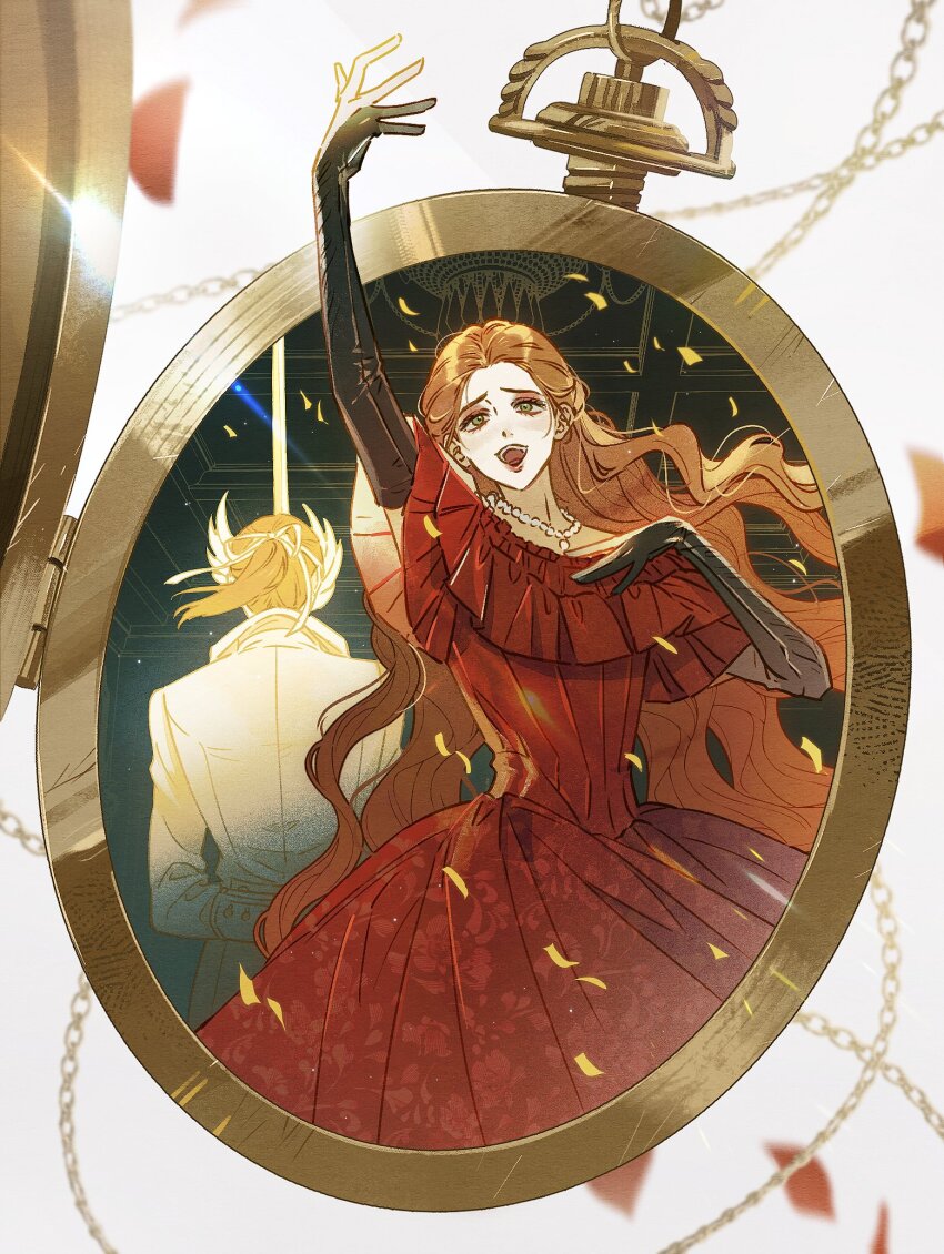 2girls, adelina_(lies_of_p), black_gloves, blurry, blurry_background, coat, commentary_request, dress