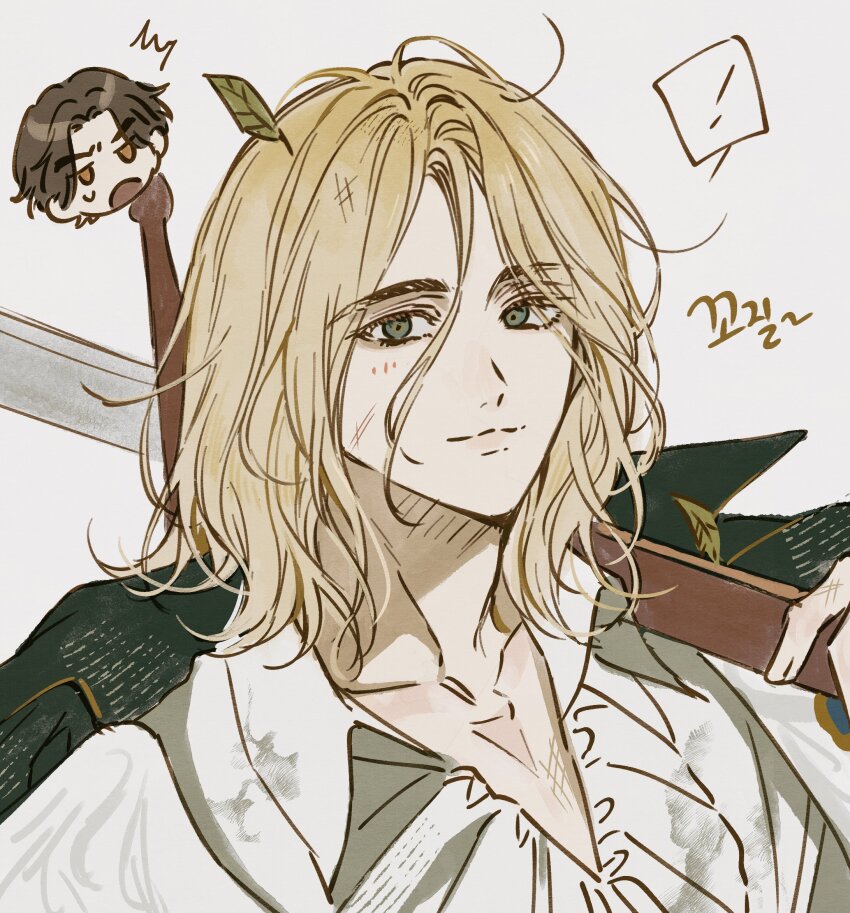 !, 1boy, androgynous, blonde_hair, carlo_(lies_of_p), chibi, chibi_inset, collarbone