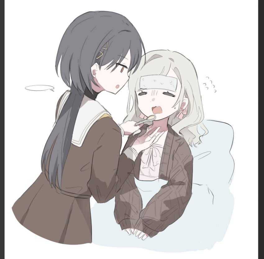 2girls, black_hair, blank_speech_bubble, blush, brown_cardigan, brown_dress, cardigan, ceras_yanagida_lilienfeld