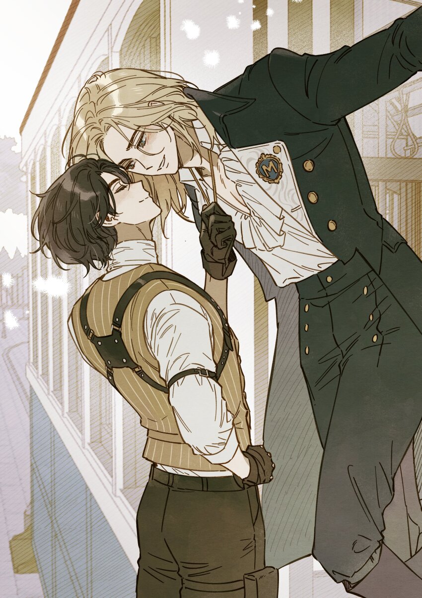 2boys, absurdres, alternate_costume, androgynous, black_gloves, black_hair, black_pants, blonde_hair