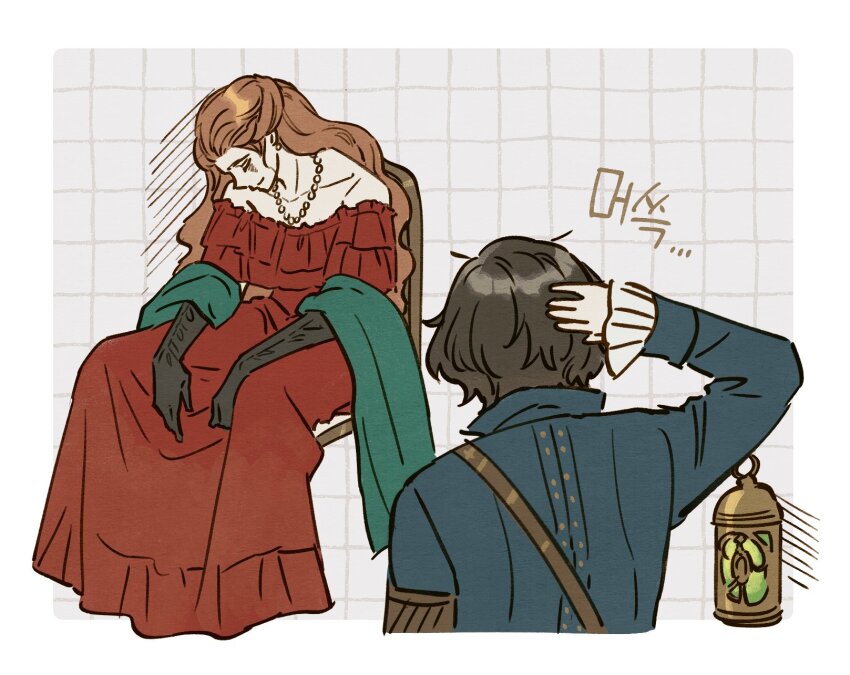 ..., 1boy, 1girl, adelina_(lies_of_p), black_gloves, black_hair, blue_coat, border, chair, closed_eyes, closed_mouth, coat, commentary, dress, gemini_(lies_of_p), gloves, grid_background, guragamja, highres, korean_text, lantern, lies_of_p, long_hair, on_chair, orange_hair, outside_border, pinocchio_(lies_of_p), red_dress, sitting, sleeping, untranslatable_commentary, white_background, white_border