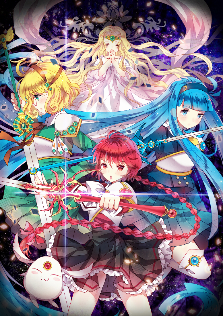 1990s_(style), 4girls, armor, armored_dress, black_skirt, blonde_hair, blue_hair, blue_hairband