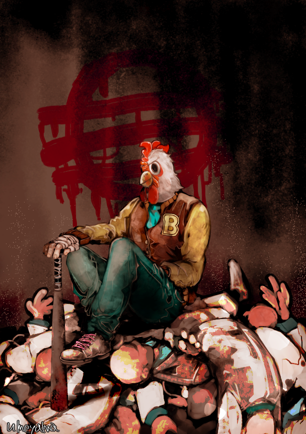 6+boys, bald, baseball_bat, blood, bloody_weapon, blue_pants, brown_jacket, chicken_mask