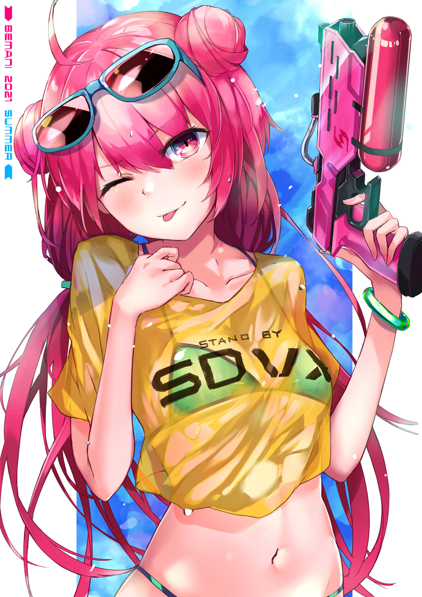 1girl, 2021, ;p, bemani, bikini, breasts, eyewear_on_head, grace_(sound_voltex)