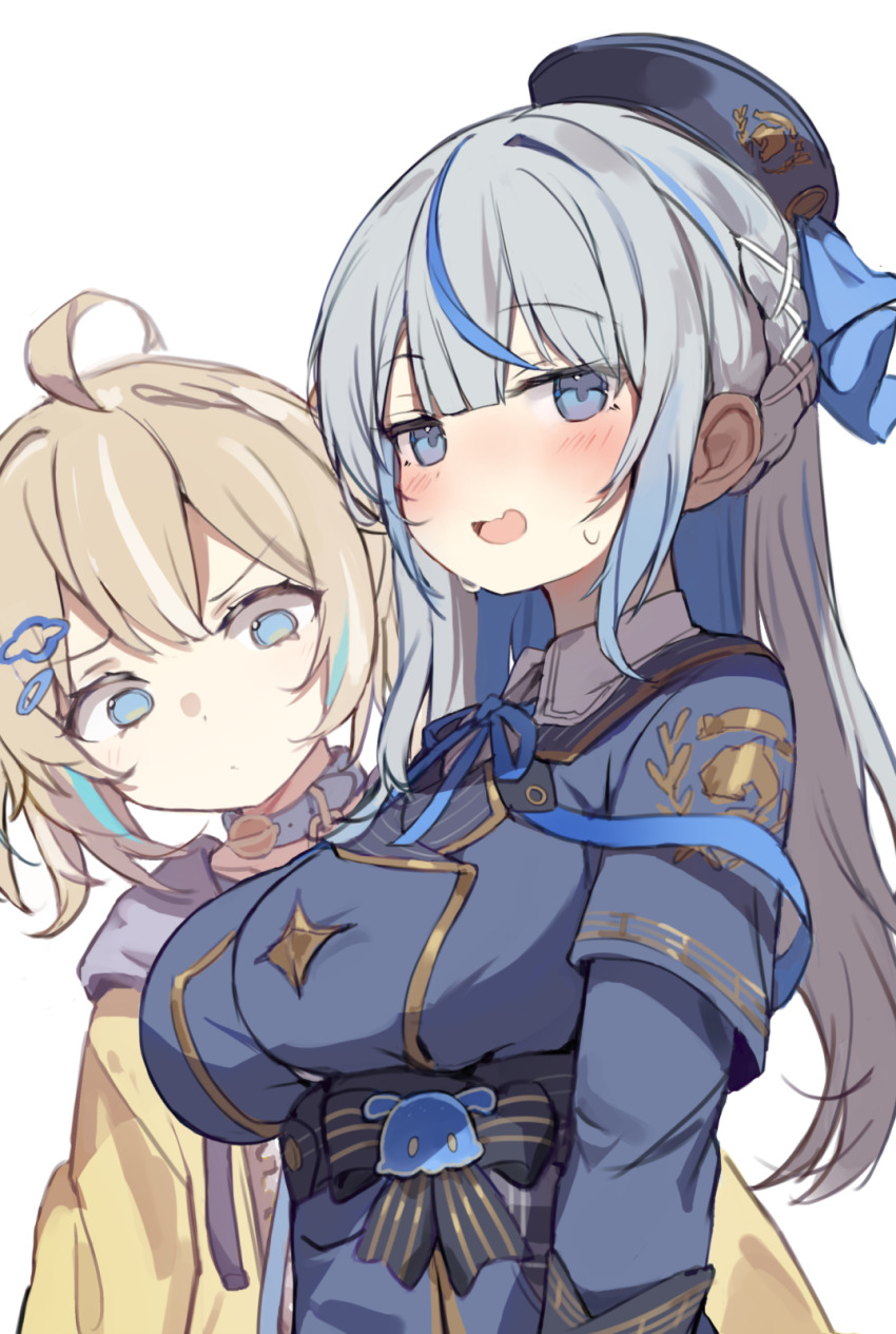 2girls, ahoge, amagai_ruka, appare_hinata, blonde_hair, blue_eyes, blue_hat, blue_jacket