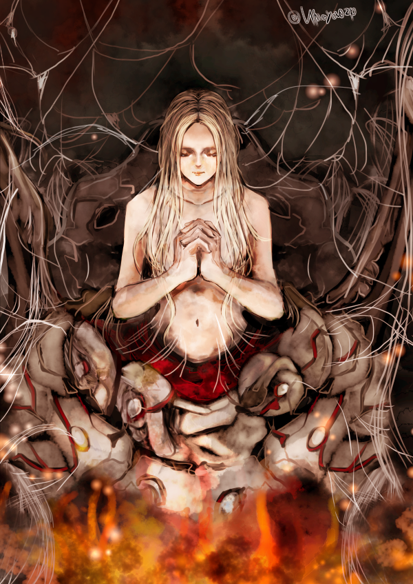 1girl, arachne, arthropod_girl, closed_eyes, commentary_request, dark_souls_(series), dark_souls_i, embers