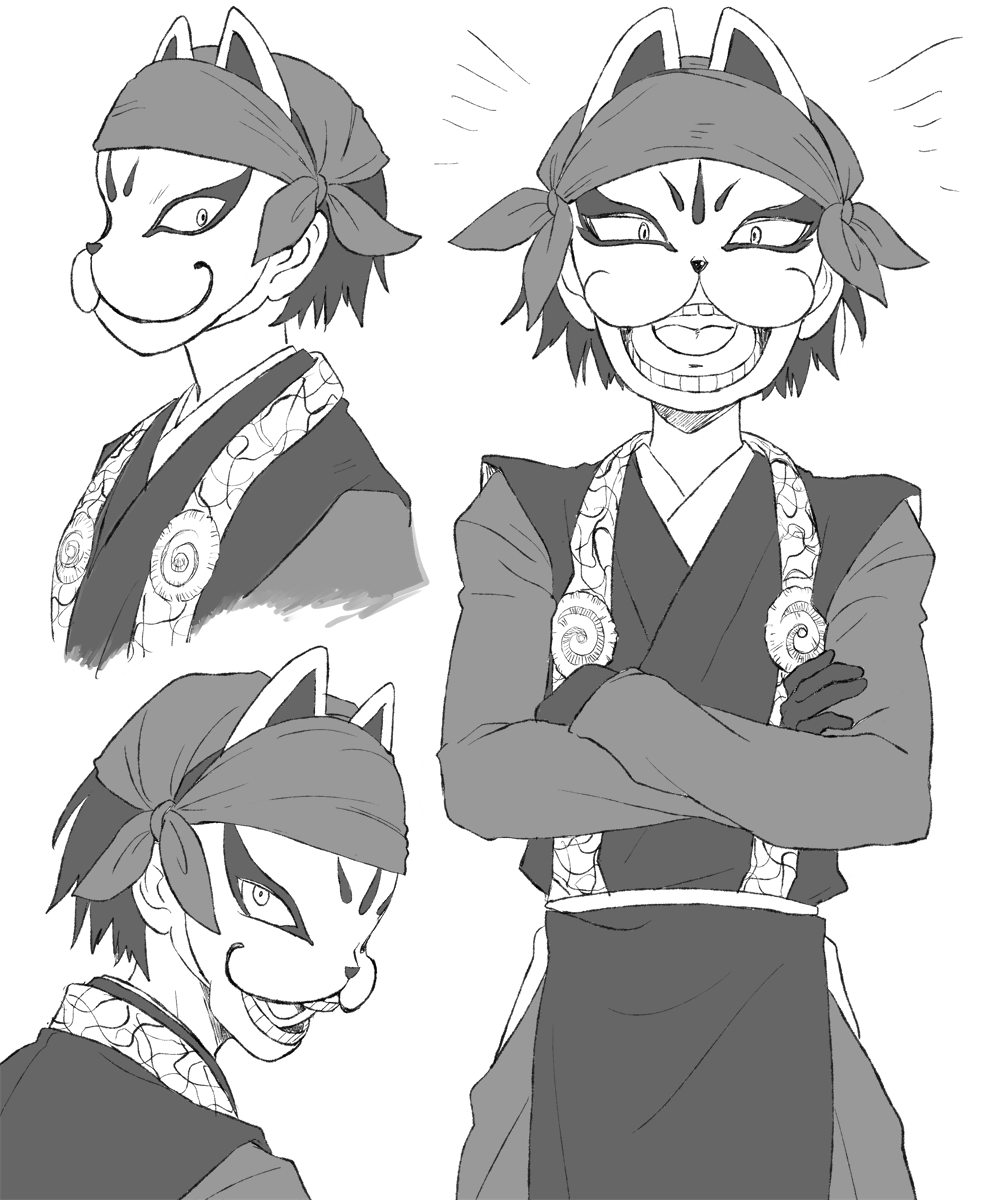 1boy, :3, animal_ears, bandana, crossed_arms, fox_ears, fox_mask, gloves