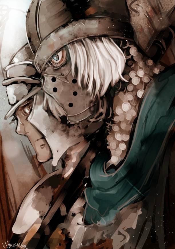 2boys, armor, blue_cape, blue_eyes, brown_eyes, cape, chainmail, closed_mouth, commentary_request, creighton_of_mirrah, dark_souls_(series), dark_souls_ii, helmet, looking_afar, looking_at_viewer, male_focus, mask, masked, mild_mannered_pate, multiple_boys, pauldrons, short_hair, shoulder_armor, umeyama_(toma23), upper_body, white_hair