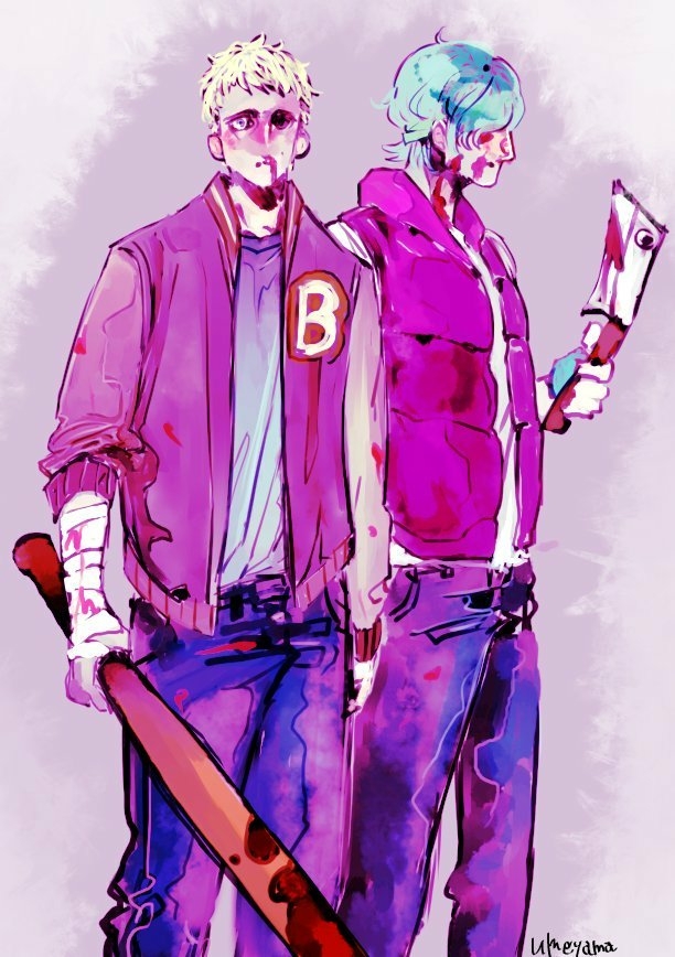2boys, baseball_bat, biker_(hotline_miami), blonde_hair, blood, blood_on_face, bloody_weapon, cleaver