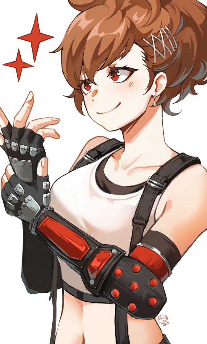 1girl, adjusting_clothes, adjusting_gloves, bare_shoulders, black_gloves, black_sports_bra, bracelet, breasts