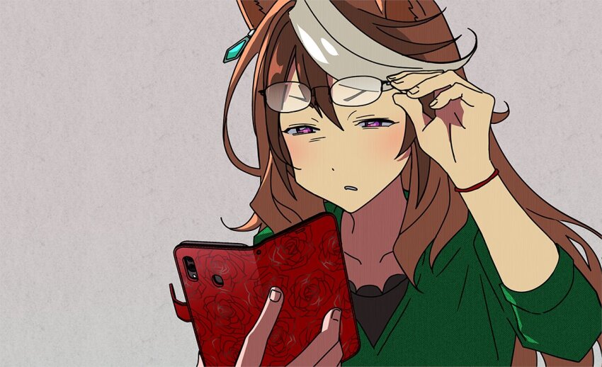 1girl, adjusting_eyewear, black_shirt, brown_hair, commentary_request, earrings, eyewear_on_head, frown