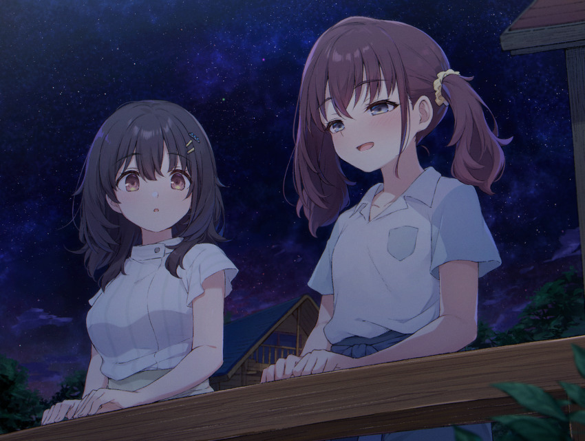 2girls, black_hair, black_sky, breast_pocket, brown_eyes, brown_hair, choppy_bangs, cohiyuri