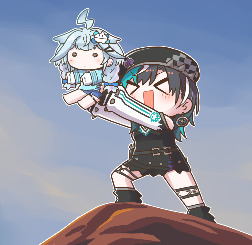 >_<, 1girl, ahoge, black_hair, blue_eyes, blue_hair, braid, breasts