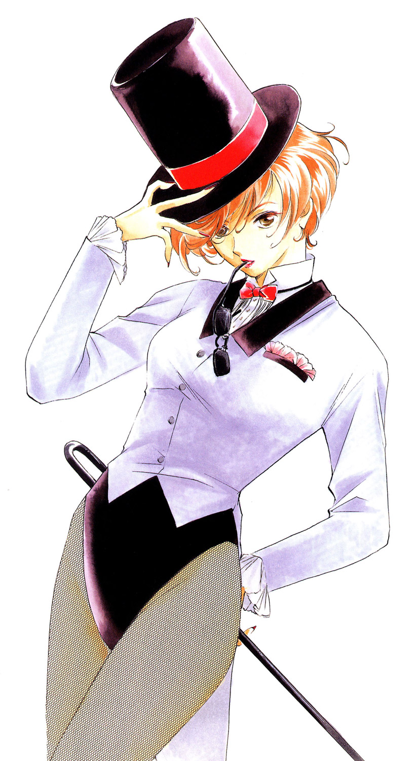 brown_eyes, cane, fishnet_pantyhose, fishnets, glasses, hat, hat_tip, highres