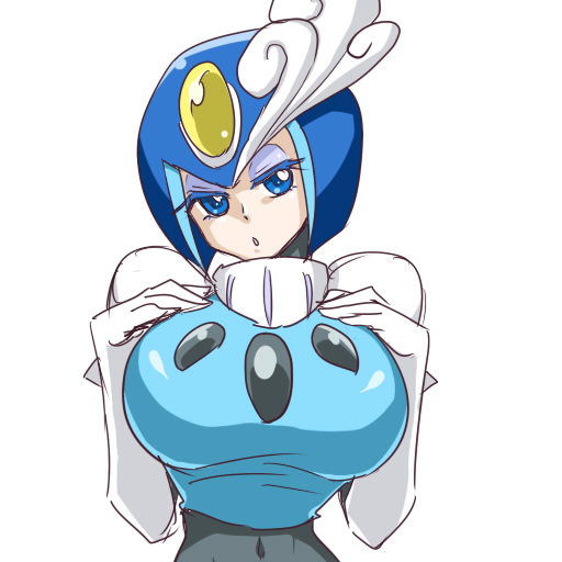 1girl, blue_eyes, breasts, capcom, cleavage, female_focus, kurowasagi, large_breasts, mega_man_(classic), mega_man_(series), solo, splash_woman