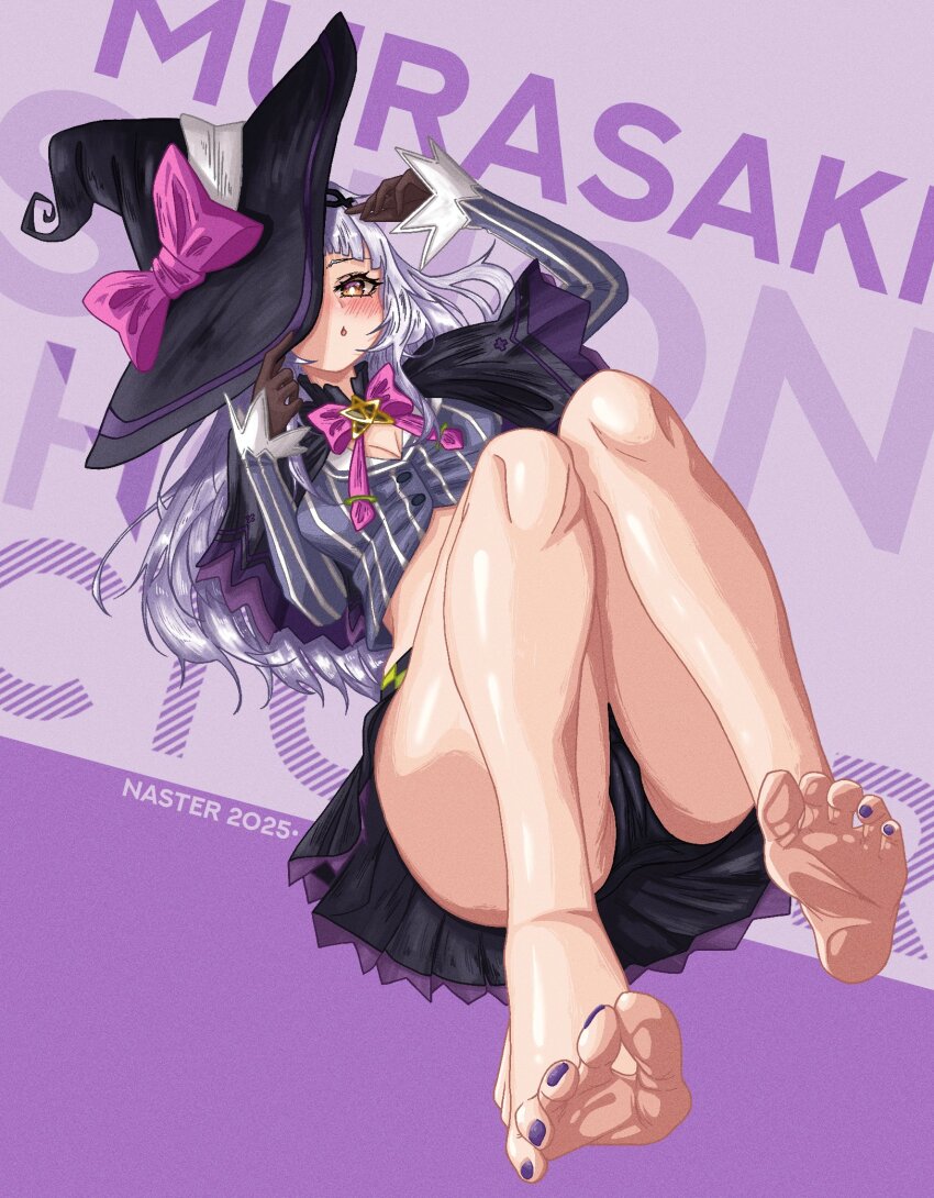 1girl, bare_legs, barefoot, black_panties, blush, bow, brooch, cleavage_cutout