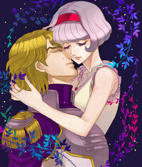 10s, 1boy, 1girl, bad_id, bad_pixiv_id, bare_shoulders, blonde_hair, bob_cut, canterari, carrying, cis_(tiger_&amp;_bunny), closed_eyes, dress, epaulettes, hairband, keith_goodman, plant, power_suit, short_hair, sky_high_(tiger_&amp;_bunny), superhero_costume, tears, tiger_&amp;_bunny, white_hair