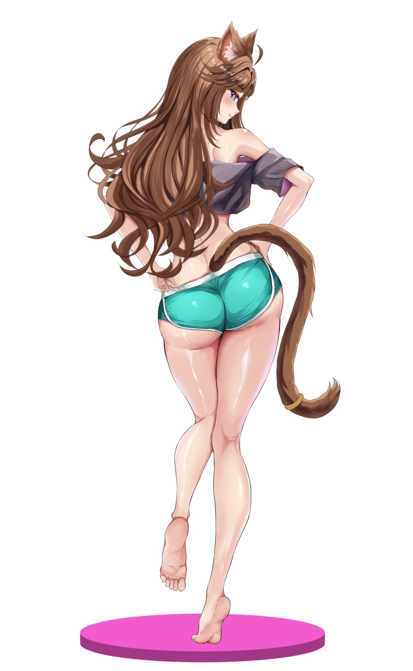 1girl, absurdres, animal_ear_fluff, animal_ears, aqua_shorts, ass, barefoot, brown_hair, cat_ears, cat_girl, cat_tail, chelzor_the_destroyer, closed_mouth, commentary, commission, crop_top, cropped_shirt, english_commentary, feet, flower, from_behind, full_body, grey_shirt, hands_on_own_hips, highres, indie_virtual_youtuber, long_hair, looking_at_viewer, looking_back, micro_shorts, noir_akira, off-shoulder_shirt, off_shoulder, second-party_source, shiny_skin, shirt, short_sleeves, shorts, simple_background, single_bare_shoulder, smile, soles, solo, standing, standing_on_one_leg, tail, turning_head, virtual_youtuber, white_background