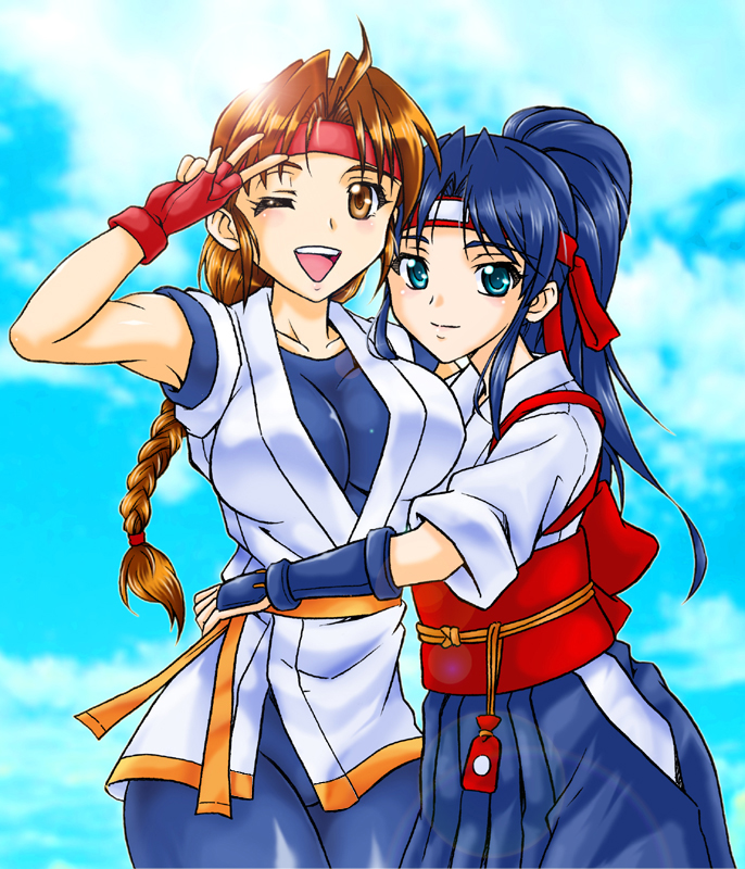 2girls, armor, armpits, belt, blue_eyes, blue_hair, blue_hakama, bodysuit, braid, breasts, brown_eyes, brown_hair, dougi, fingerless_gloves, gloves, hakama, hakama_skirt, headband, hug, japanese_armor, japanese_clothes, kote, large_breasts, martial_arts_belt, multiple_girls, one_eye_closed, ponytail, ryuuko_no_ken, sash, single_braid, skirt, snk, spandex, the_king_of_fighters, todoh_kasumi, toudou_kasumi, v, wink, yonecchi, yuri_sakazaki